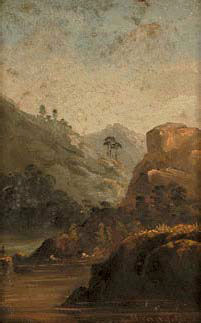“PAISAGEM MONTANHOSA COM RIO E FIGURA”,