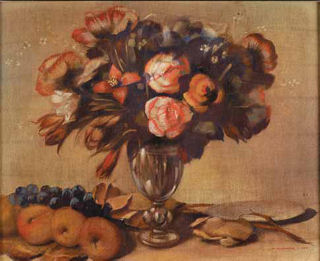 “NATUREZA MORTA - JARRA COM FLORES E FRUTOS SOBRE A MESA”,