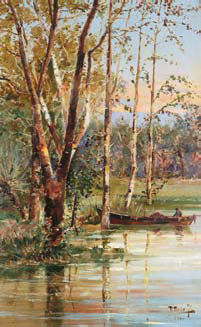 “PAISAGEM - FIGURA E BARCO EM MARGEM DE LAGO”,