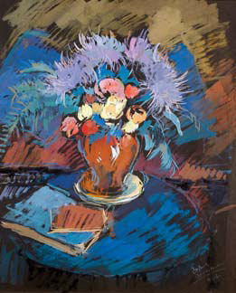 “NATUREZA MORTA - LIVROS E JARRA COM FLORES “,