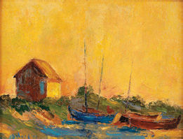 “PAISAGEM COM BARCOS E PRAIA”,