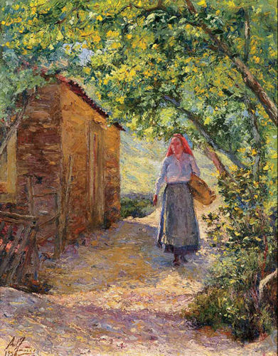 """Paisagem - figura feminina perto de casa rural"""