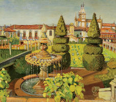 Vista com Igreja, palácio e jardim de buxo