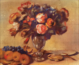 Natureza morta - jarra com flores e frutos sobre a mesa