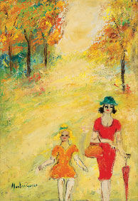 Vista de bosque com menina e senhora