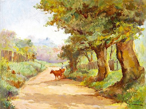 Paisagem - Figura e gado em caminho