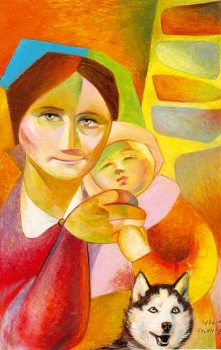 Mulher com criança e cão