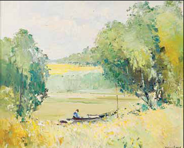 Paisagem com rio e barco com figura