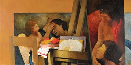 "Mesa dos materiais e fragmento de Louis Lagrenée"