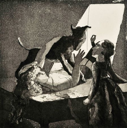 "Girl with her Mother and Dog"