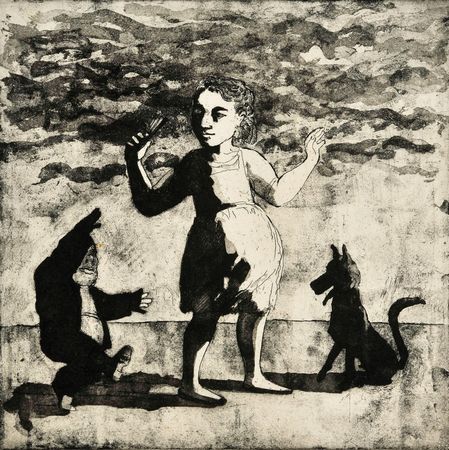 "Girl with Little Man and Dog"