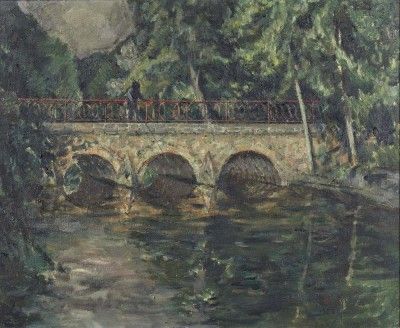 Paisagem com rio, ponte e figura