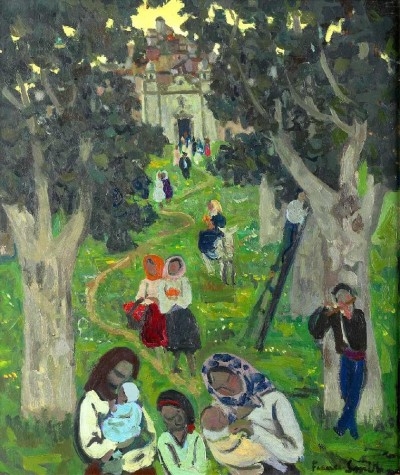 Paisagem de figuras e Igreja ao fundo