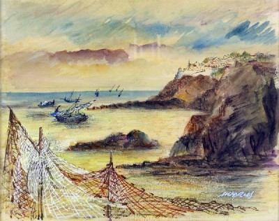 Vila piscatória com barcos no mar e redes