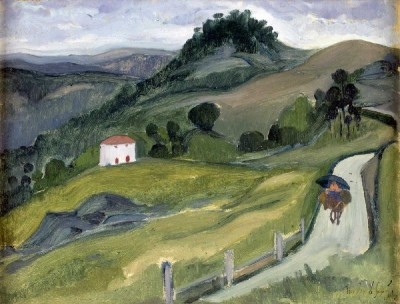 Paisagem com casa e figura montada num burro