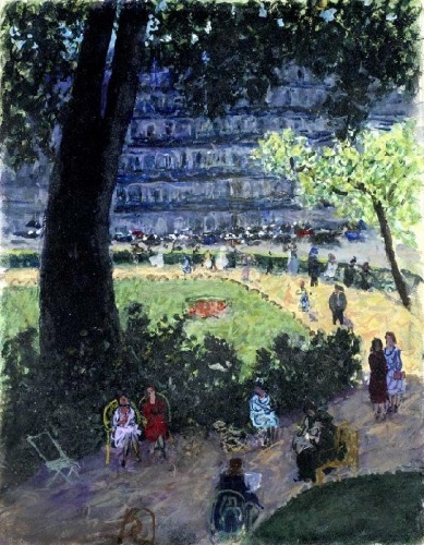 Vista de jardim e Coliseu em Roma, com figuras